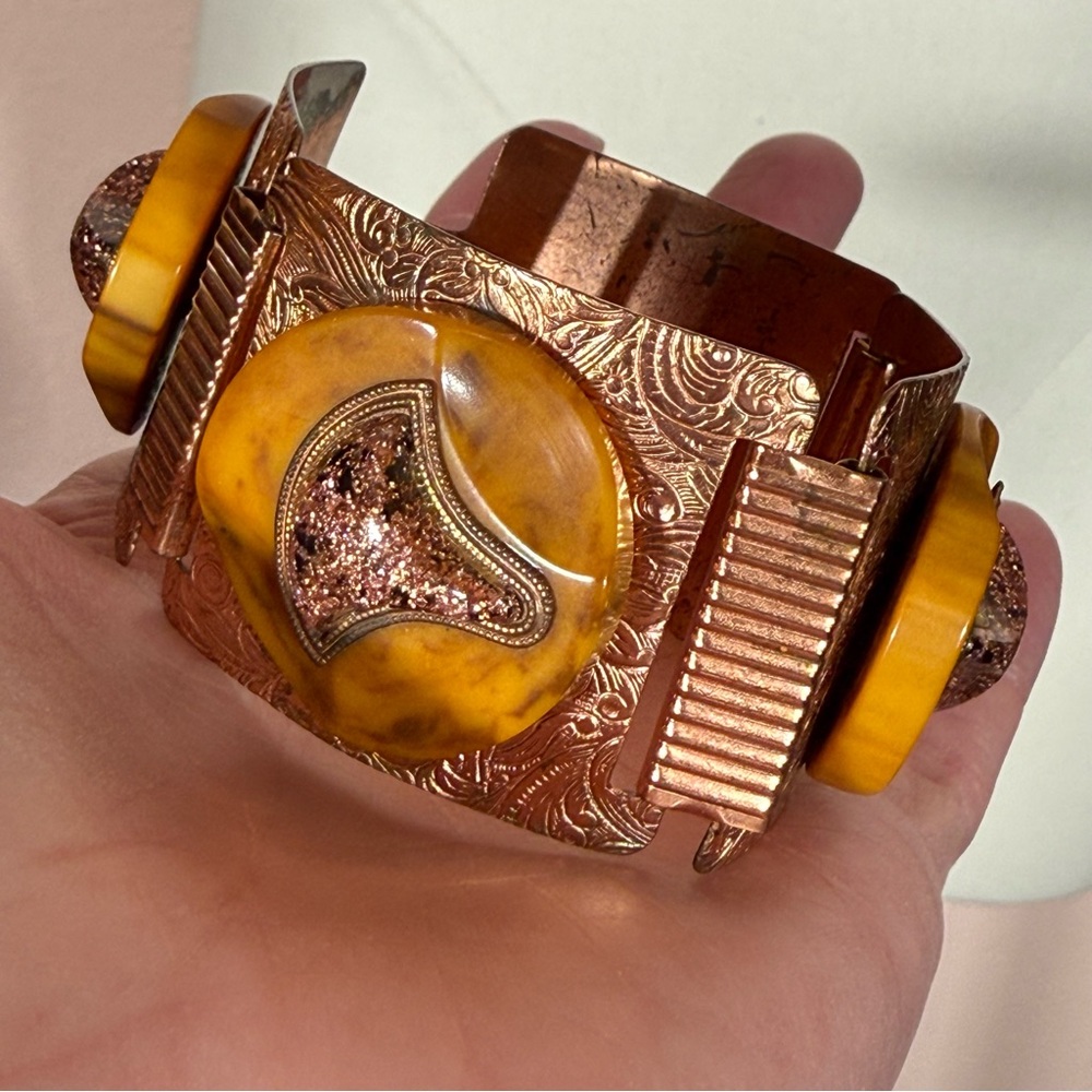 Vintage art deco copper butterscotch modernist Bakelite wide panel bracelet